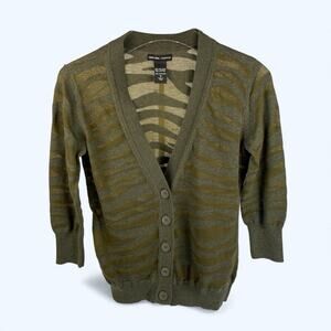 New York & Company V Neck Cardigan Animal Print Pattern Green Small 3/4 sleeve